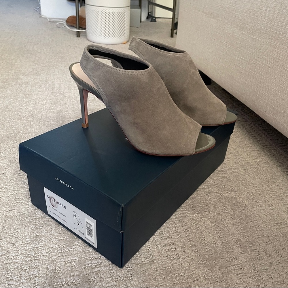 Cole Hahn Ironstone Vegan Suede stiletto ankle sling back.